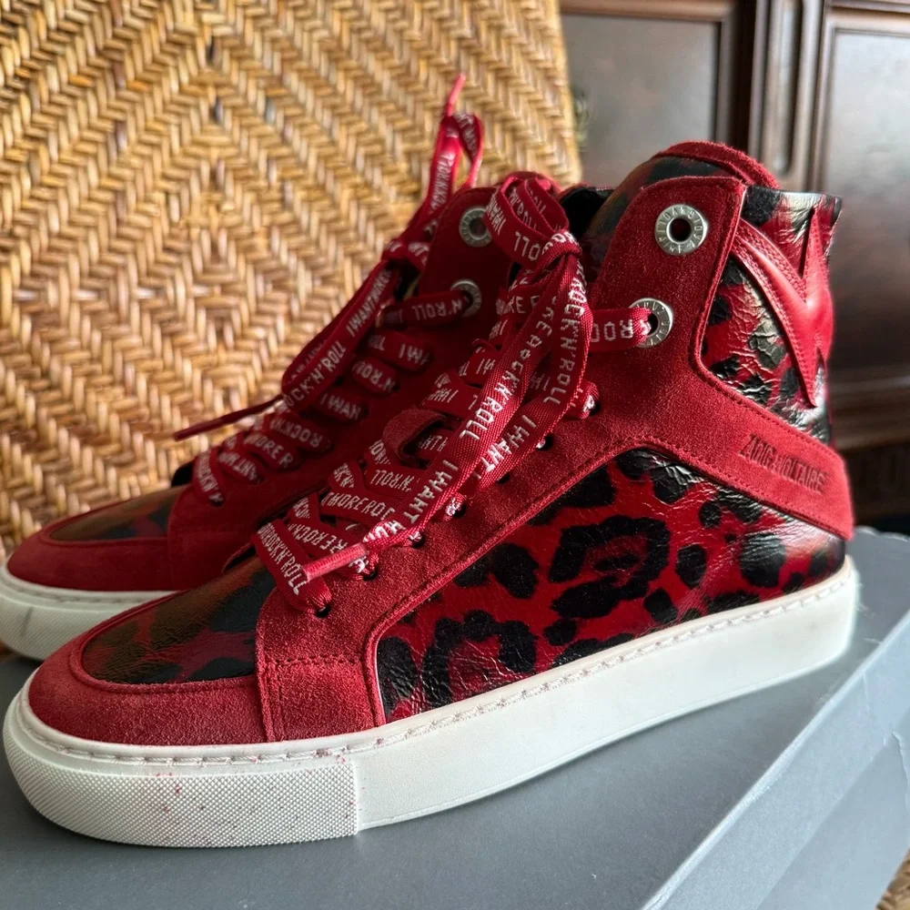 NIB Zadig & Voltaire High Flash Red Leopard Print High Top Sneakers - Picture 3 of 8
